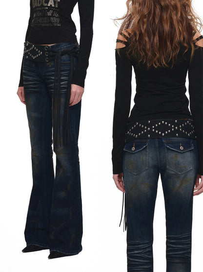 Distressed Washed Rust-Dyed Mid-Low Rise Straight-leg Tight Flared Denim Pants【s0000019030】