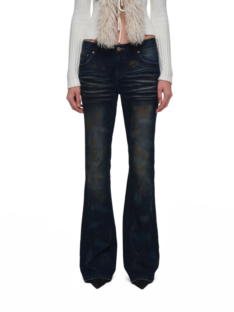 Distressed Washed Rust-Dyed Mid-Low Rise Straight-leg Tight Flared Denim Pants【s0000019030】