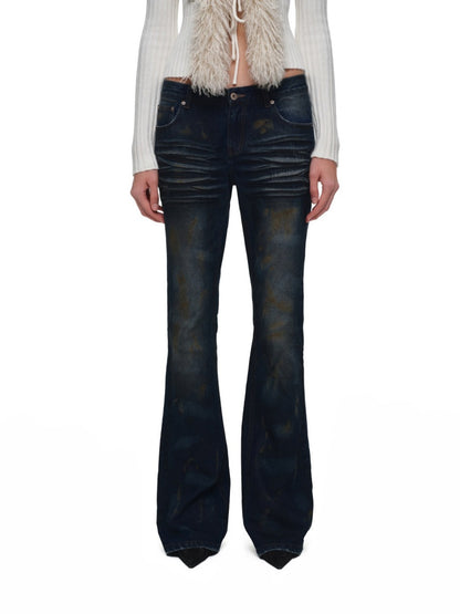 Distressed Washed Rust-Dyed Mid-Low Rise Straight-leg Tight Flared Denim Pants【s0000019030】
