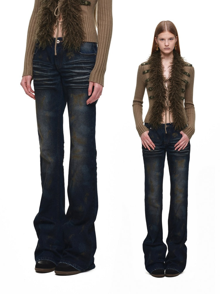 Distressed Washed Rust-Dyed Mid-Low Rise Straight-leg Tight Flared Denim Pants【s0000019030】