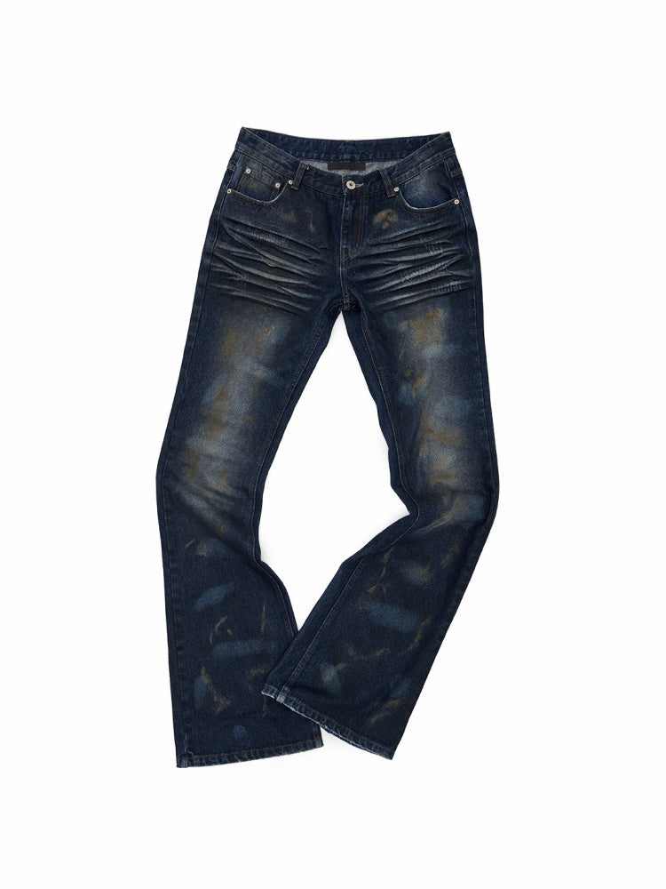 Distressed Washed Rust-Dyed Mid-Low Rise Straight-leg Tight Flared Denim Pants【s0000019030】