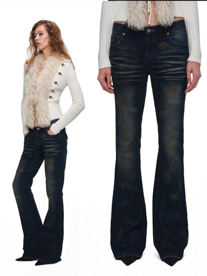 Distressed Washed Rust-Dyed Mid-Low Rise Straight-leg Tight Flared Denim Pants【s0000019030】