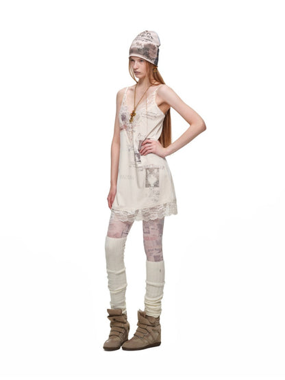 Cat Wanted Poster Patchwork Printed Lace Trim Layered V-Neck Strap Dress【s0000019031】