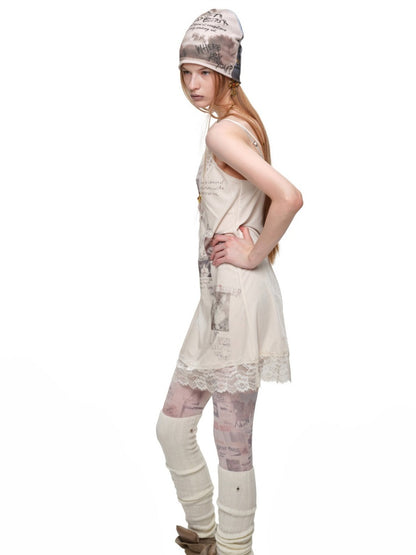 Cat Wanted Poster Patchwork Printed Lace Trim Layered V-Neck Strap Dress【s0000019031】