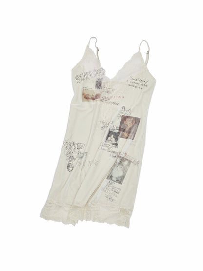 Cat Wanted Poster Patchwork Printed Lace Trim Layered V-Neck Strap Dress【s0000019031】