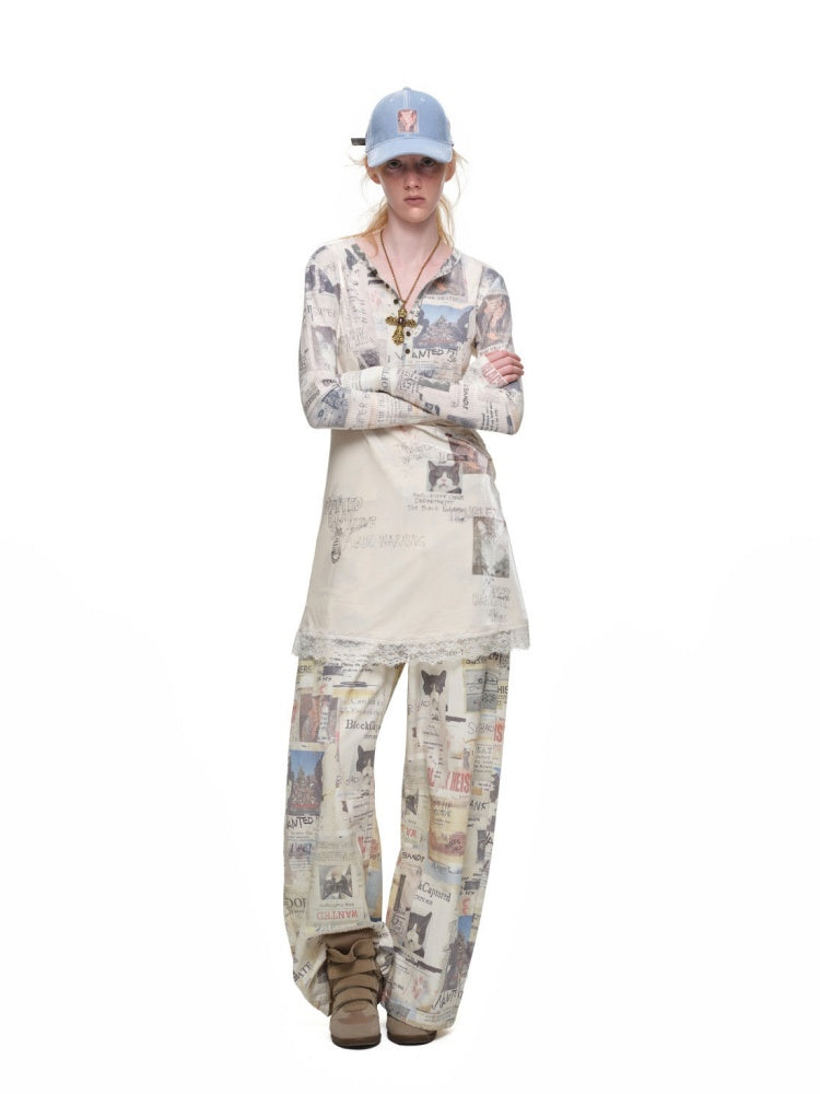 Cat Wanted Poster Patchwork Printed Lace Trim Layered V-Neck Strap Dress【s0000019031】