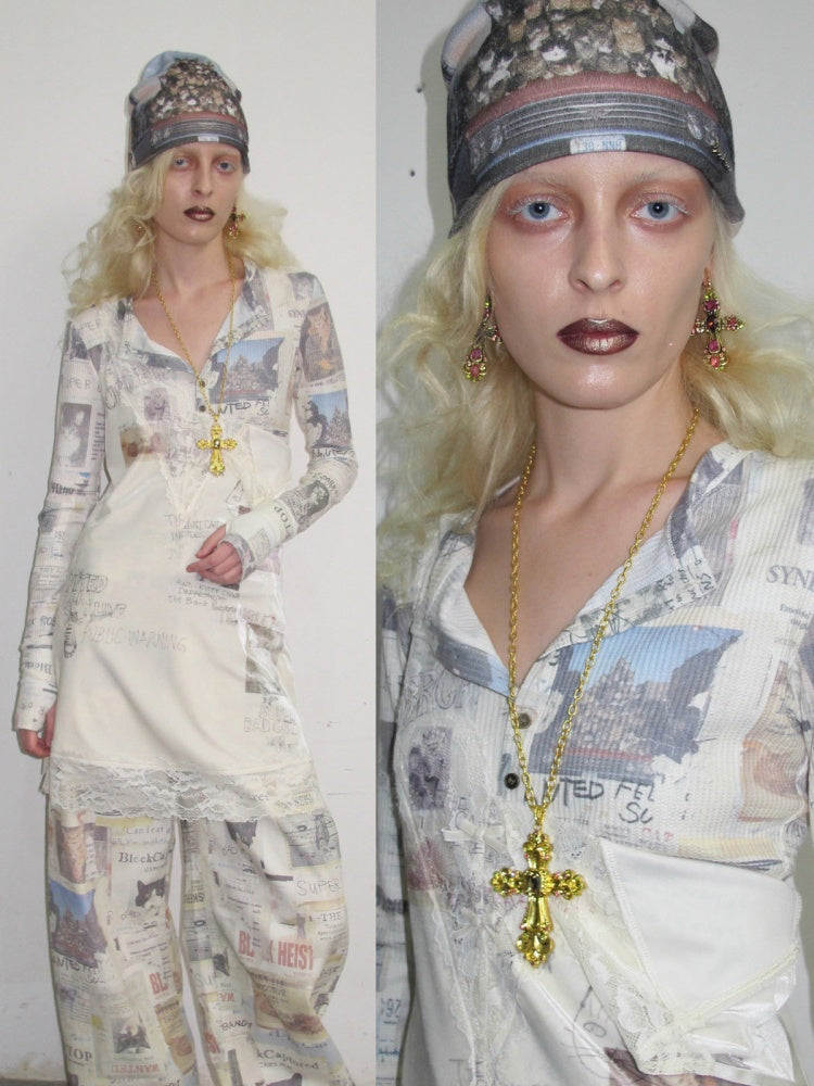 Cat Wanted Poster Patchwork Printed Lace Trim Layered V-Neck Strap Dress【s0000019031】