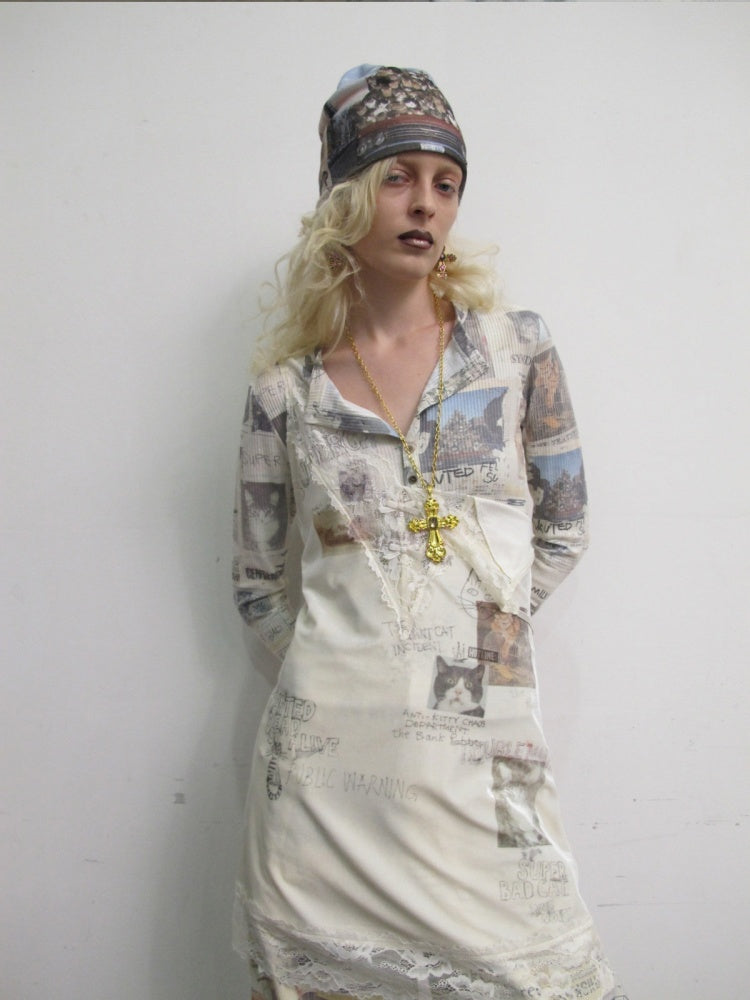 Cat Wanted Poster Patchwork Printed Lace Trim Layered V-Neck Strap Dress【s0000019031】