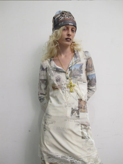 Cat Wanted Poster Patchwork Printed Lace Trim Layered V-Neck Strap Dress【s0000019031】