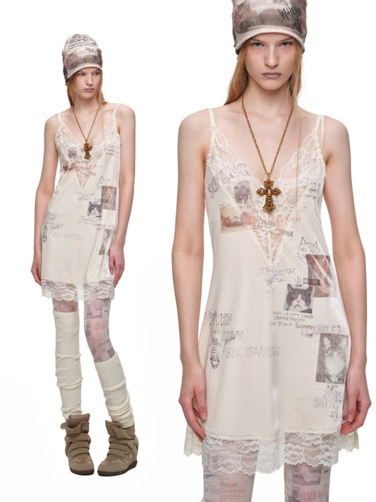Cat Wanted Poster Patchwork Printed Lace Trim Layered V-Neck Strap Dress【s0000019031】