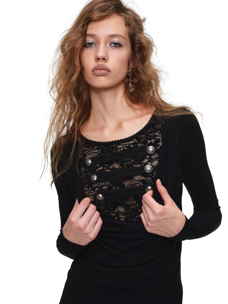 Napoleon Lace Patchwork Swaying Neckline Slim Long-Sleeve Knit Dress【s0000019032】