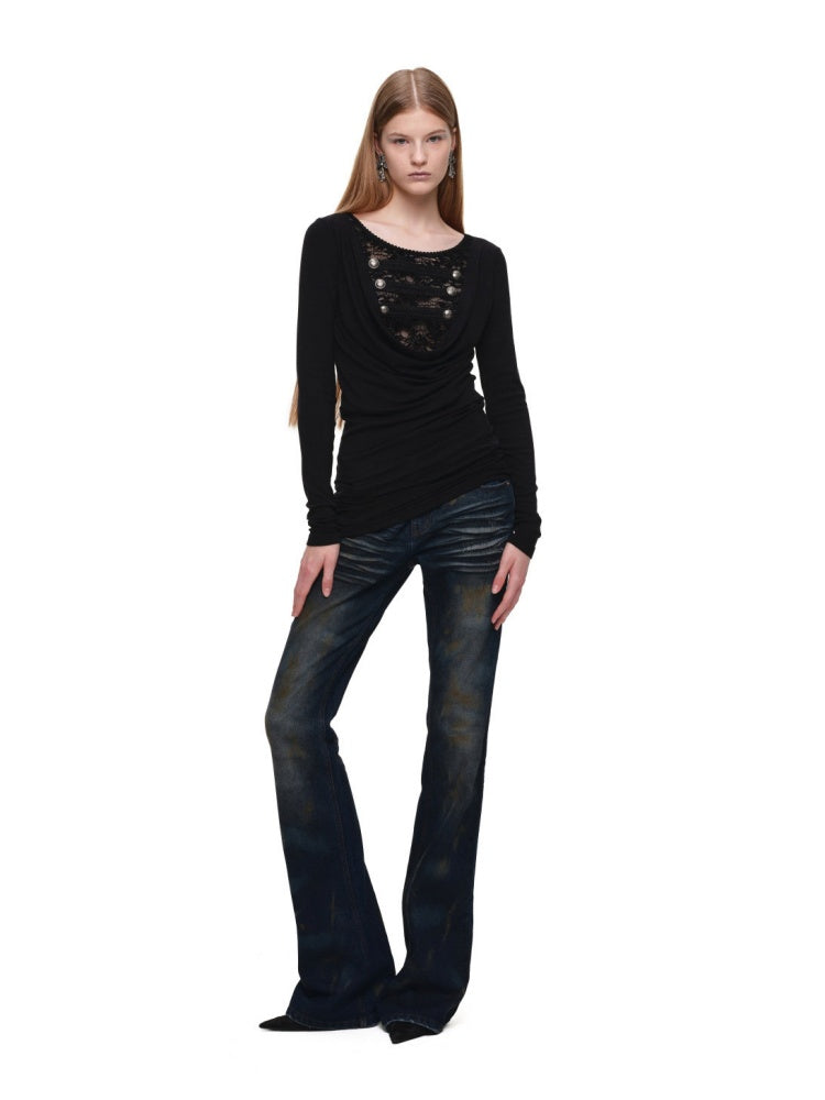 Napoleon Lace Patchwork Swaying Neckline Slim Long-Sleeve Knit Dress【s0000019032】