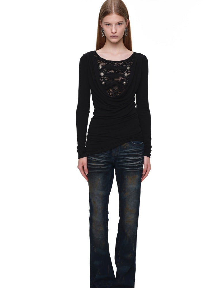 Napoleon Lace Patchwork Swaying Neckline Slim Long-Sleeve Knit Dress【s0000019032】