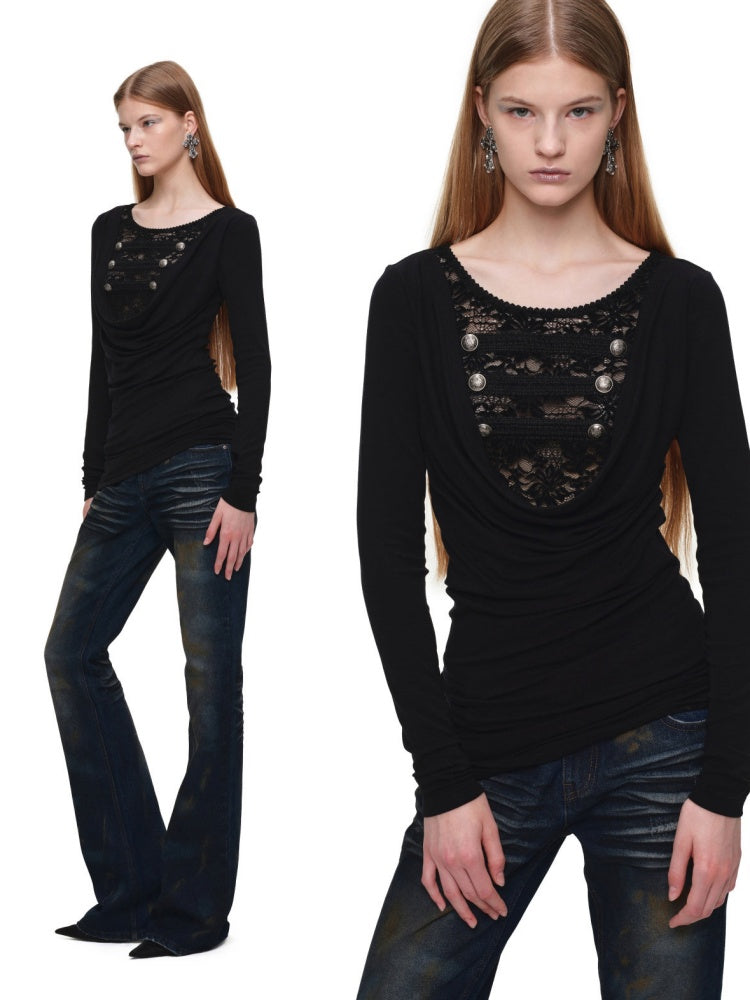 Napoleon Lace Patchwork Swaying Neckline Slim Long-Sleeve Knit Dress【s0000019032】