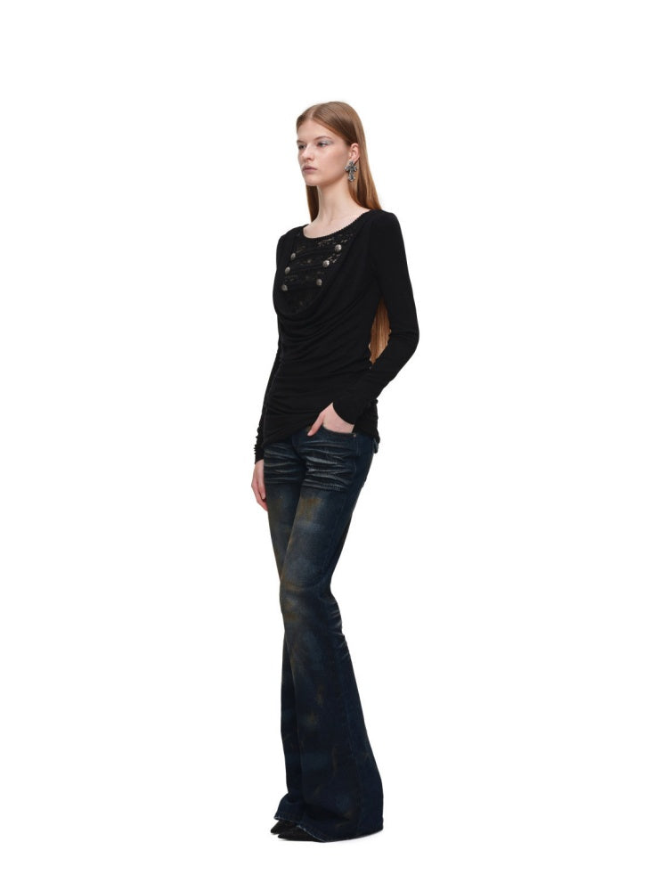 Napoleon Lace Patchwork Swaying Neckline Slim Long-Sleeve Knit Dress【s0000019032】