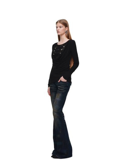 Napoleon Lace Patchwork Swaying Neckline Slim Long-Sleeve Knit Dress【s0000019032】