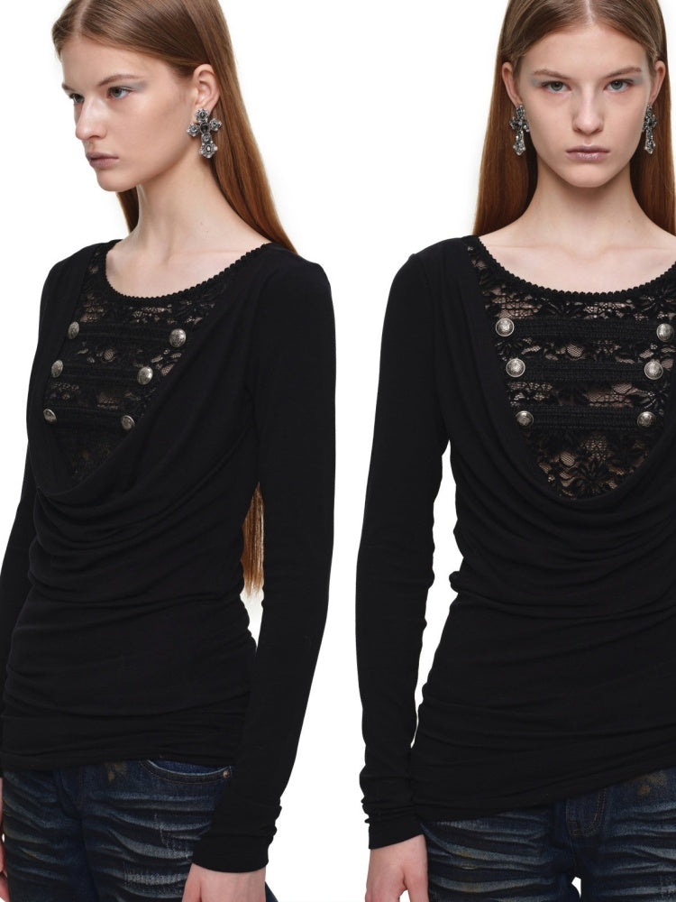 Napoleon Lace Patchwork Swaying Neckline Slim Long-Sleeve Knit Dress【s0000019032】