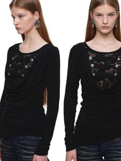 Napoleon Lace Patchwork Swaying Neckline Slim Long-Sleeve Knit Dress【s0000019032】