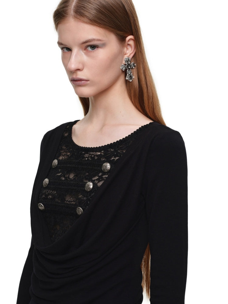Napoleon Lace Patchwork Swaying Neckline Slim Long-Sleeve Knit Dress【s0000019032】