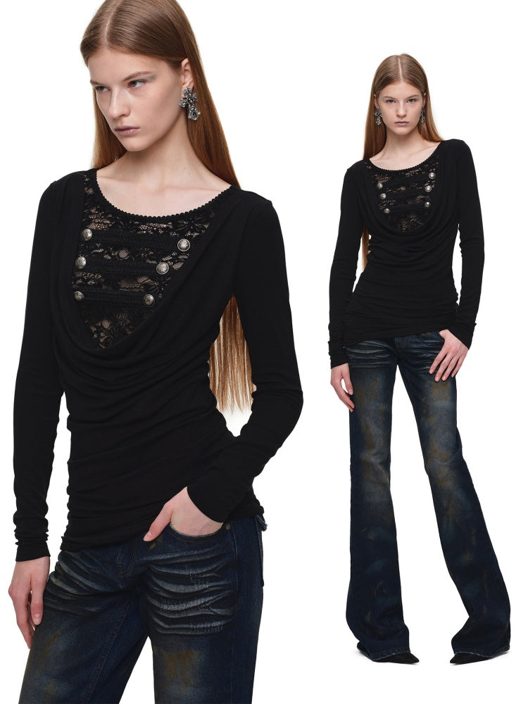 Napoleon Lace Patchwork Swaying Neckline Slim Long-Sleeve Knit Dress【s0000019032】