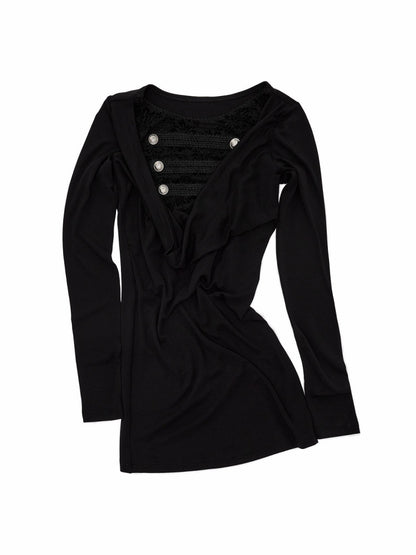 Napoleon Lace Patchwork Swaying Neckline Slim Long-Sleeve Knit Dress【s0000019032】