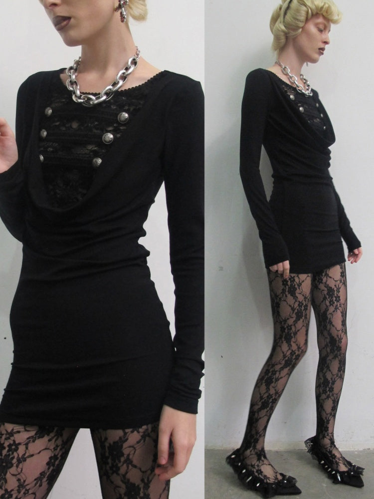 Napoleon Lace Patchwork Swaying Neckline Slim Long-Sleeve Knit Dress【s0000019032】