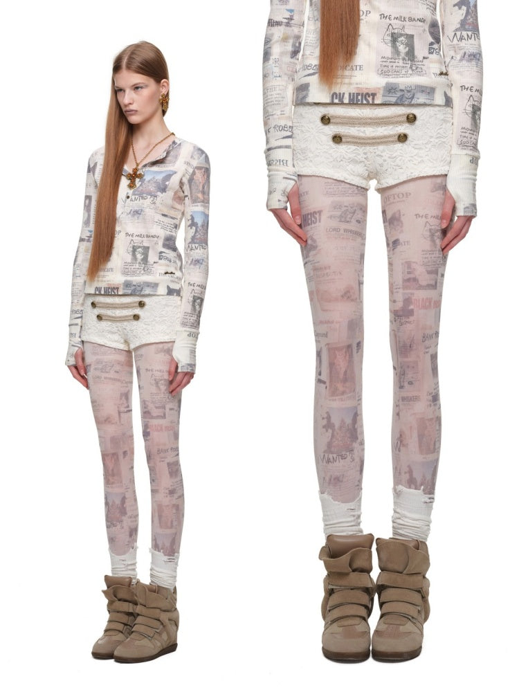 Vintage Cat Irregular Newspaper Print Stockings【s0000019033】