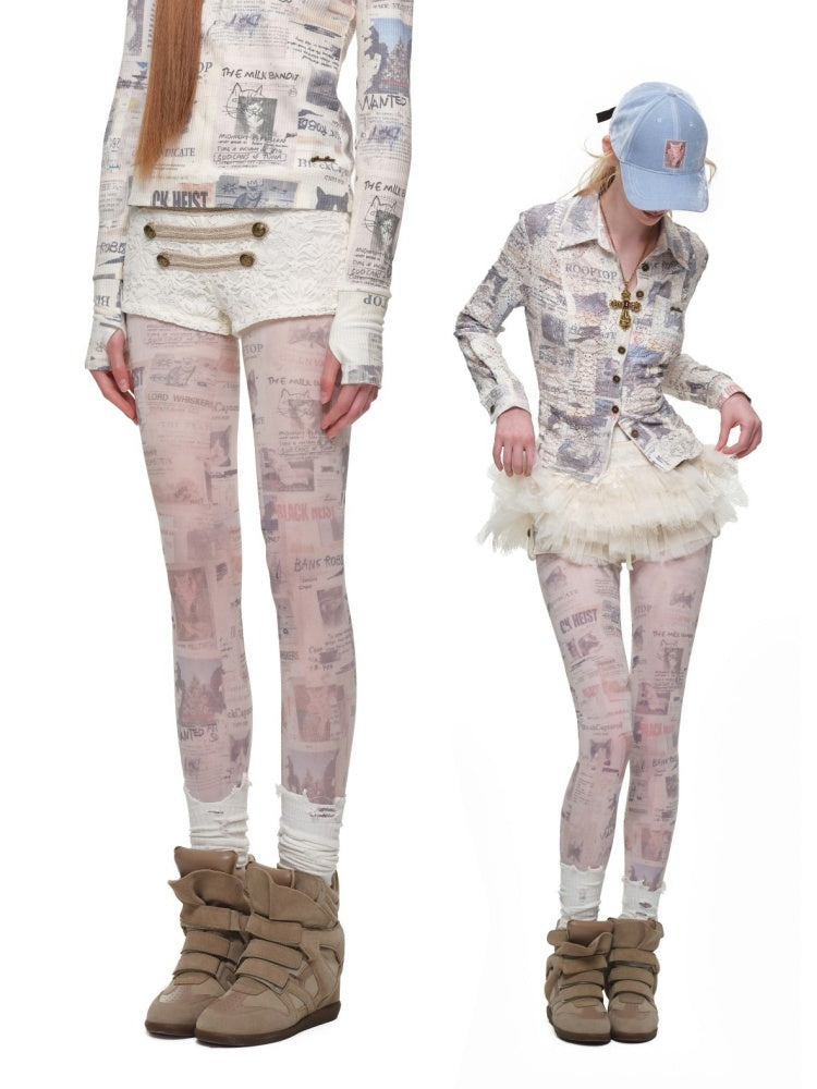 Vintage Cat Irregular Newspaper Print Stockings【s0000019033】