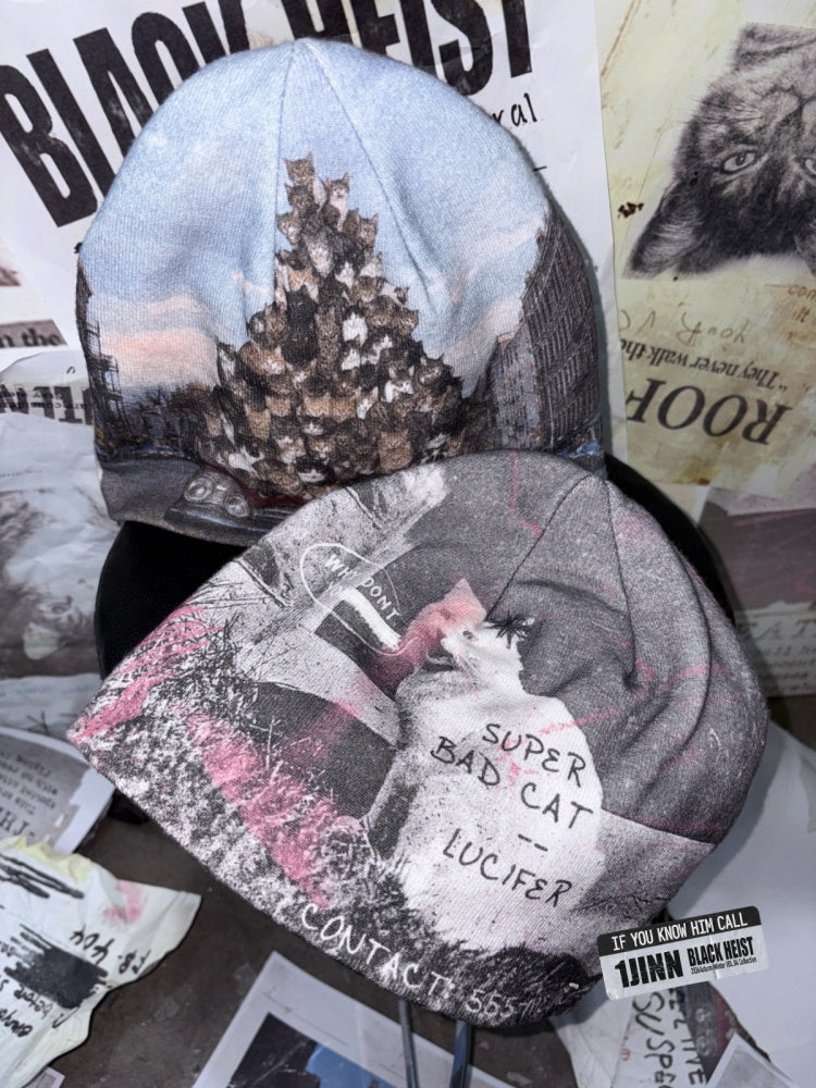 Cat Aggression Print Double-Sided Stacked Color-Block Knit Beanie【s0000019034】