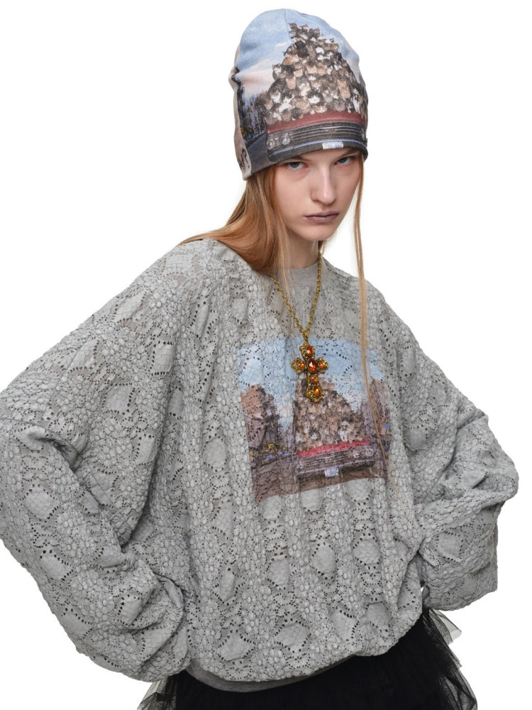 Cat Aggression Print Double-Sided Stacked Color-Block Knit Beanie【s0000019034】