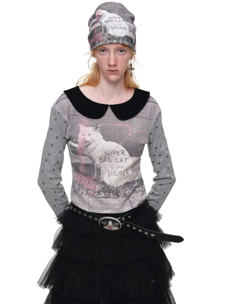 Cat Aggression Print Double-Sided Stacked Color-Block Knit Beanie【s0000019034】