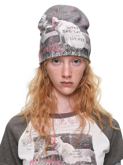 Cat Aggression Print Double-Sided Stacked Color-Block Knit Beanie【s0000019034】