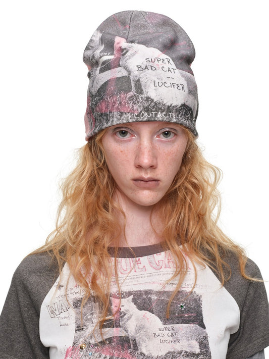 Cat Aggression Print Double-Sided Stacked Color-Block Knit Beanie【s0000019034】