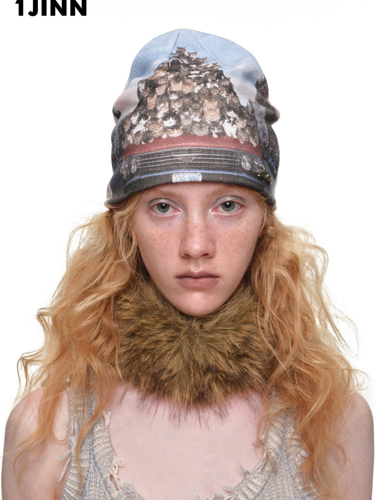 Cat Aggression Print Double-Sided Stacked Color-Block Knit Beanie【s0000019034】