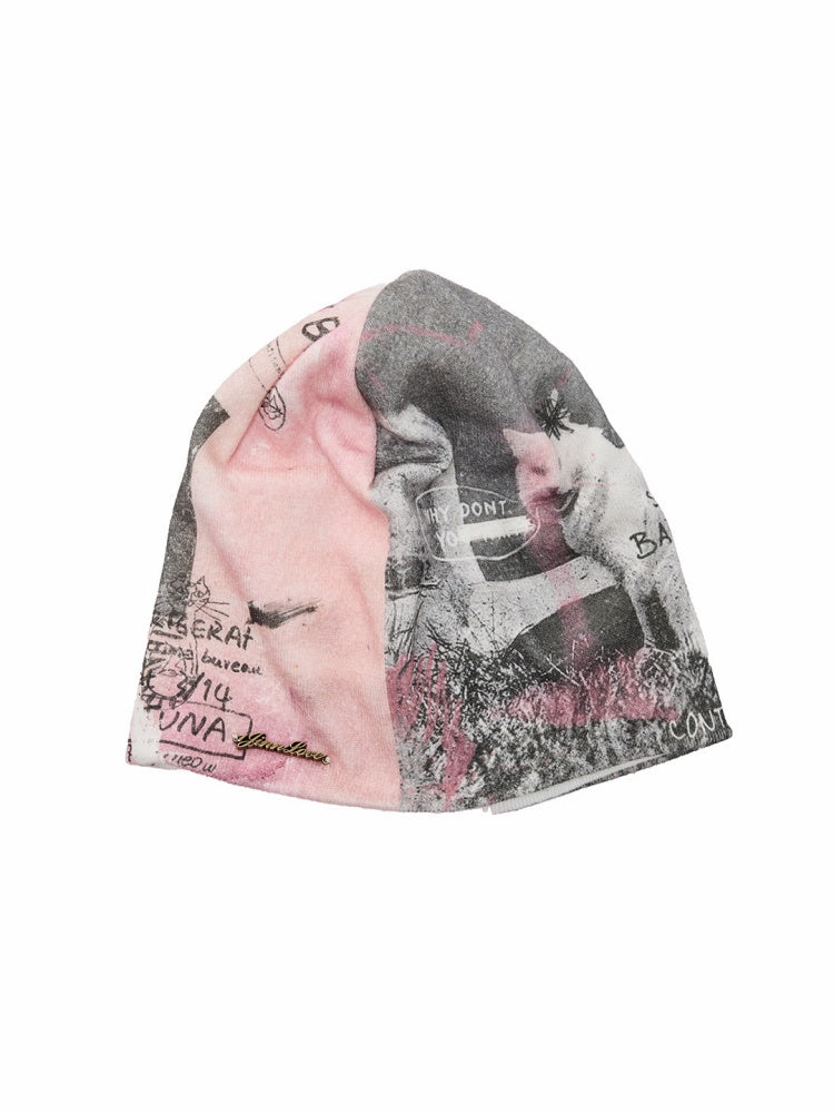 Cat Aggression Print Double-Sided Stacked Color-Block Knit Beanie【s0000019034】