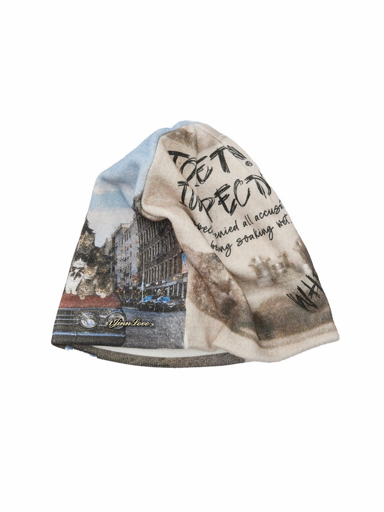 Cat Aggression Print Double-Sided Stacked Color-Block Knit Beanie【s0000019034】
