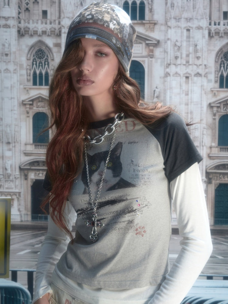 Cat Aggression Print Double-Sided Stacked Color-Block Knit Beanie【s0000019034】