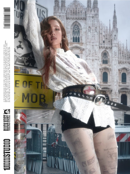 Original Street Vintage Cat Print Adhesive Metal Buckle Belt【s0000019035】