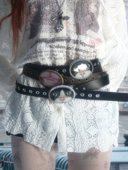 Original Street Vintage Cat Print Adhesive Metal Buckle Belt【s0000019035】