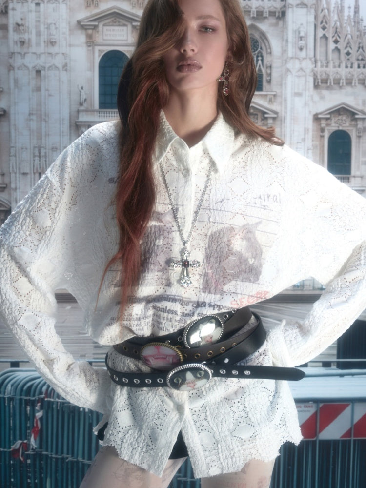 Original Street Vintage Cat Print Adhesive Metal Buckle Belt【s0000019035】