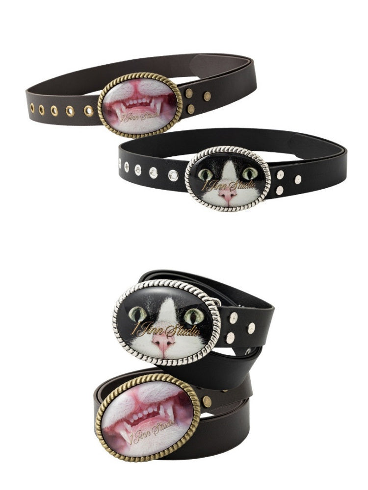 Original Street Vintage Cat Print Adhesive Metal Buckle Belt【s0000019035】