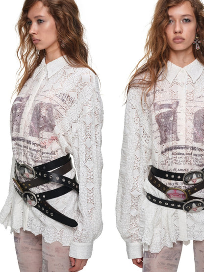 Original Street Vintage Cat Print Adhesive Metal Buckle Belt【s0000019035】