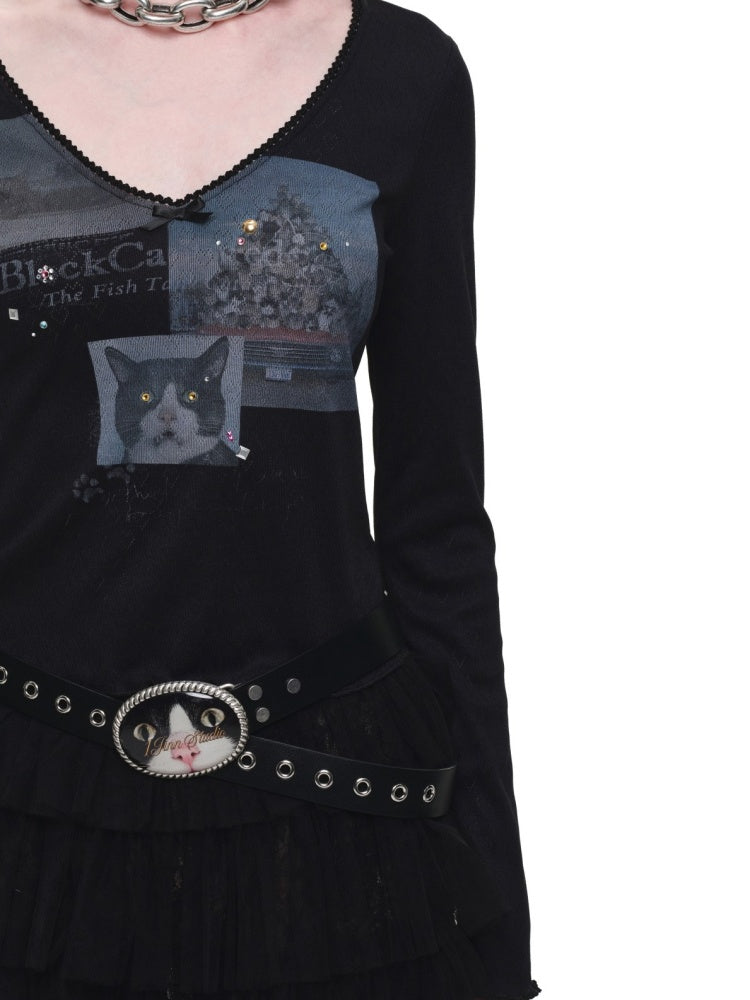 Original Street Vintage Cat Print Adhesive Metal Buckle Belt【s0000019035】