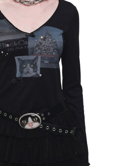 Original Street Vintage Cat Print Adhesive Metal Buckle Belt【s0000019035】