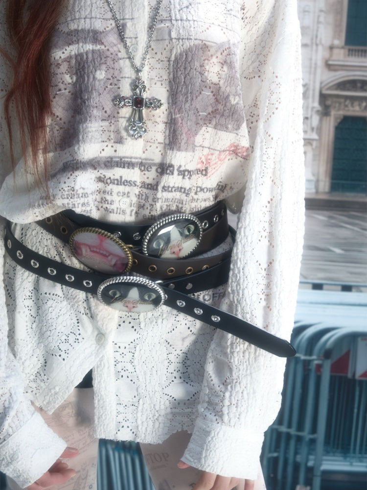 Original Street Vintage Cat Print Adhesive Metal Buckle Belt【s0000019035】