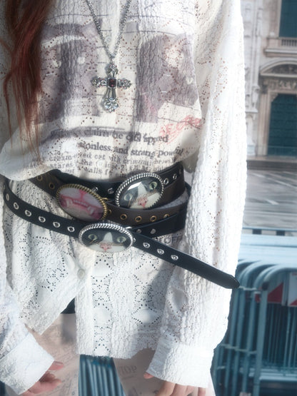 Original Street Vintage Cat Print Adhesive Metal Buckle Belt【s0000019035】
