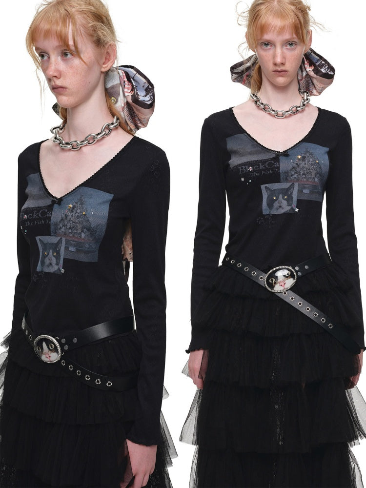 Original Street Vintage Cat Print Adhesive Metal Buckle Belt【s0000019035】