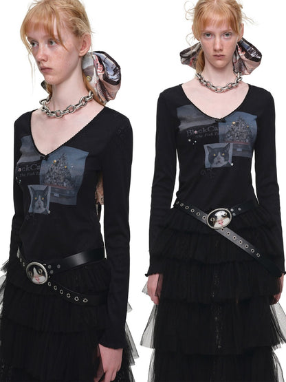 Original Street Vintage Cat Print Adhesive Metal Buckle Belt【s0000019035】