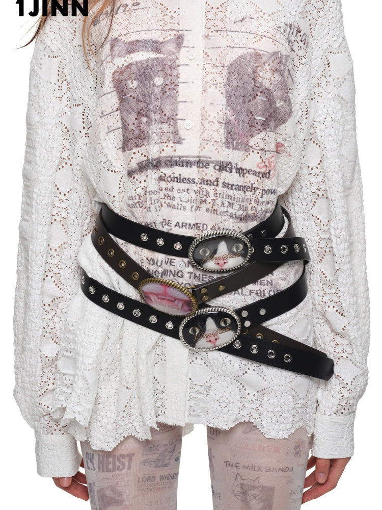 Original Street Vintage Cat Print Adhesive Metal Buckle Belt【s0000019035】