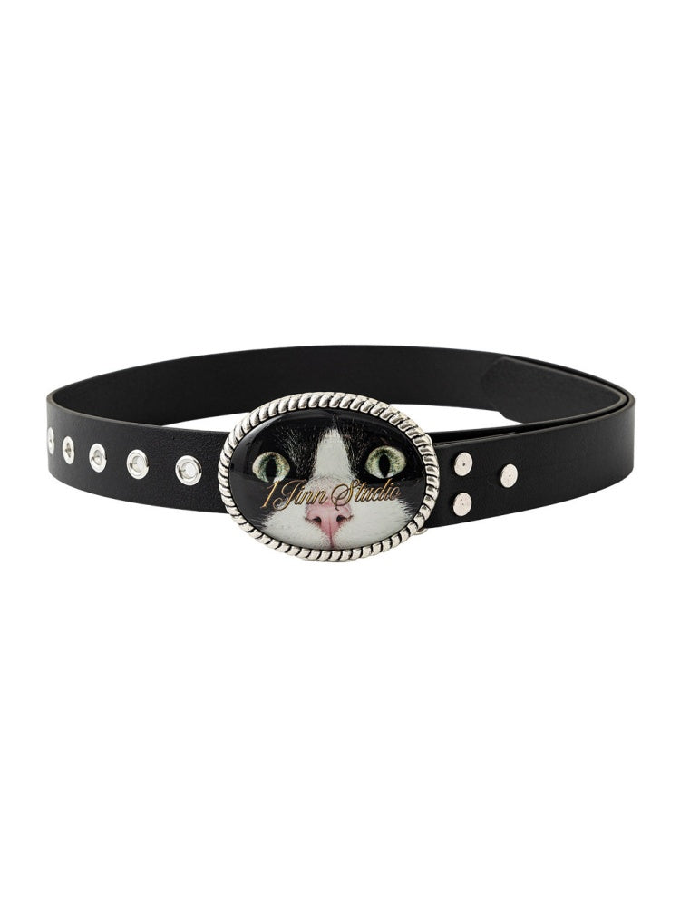 Original Street Vintage Cat Print Adhesive Metal Buckle Belt【s0000019035】